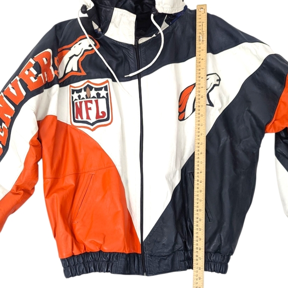 Vintage 90s Denver Broncos Leather Jacket Bootleg Mens XL Orange Blue Football - Picture 14 of 14